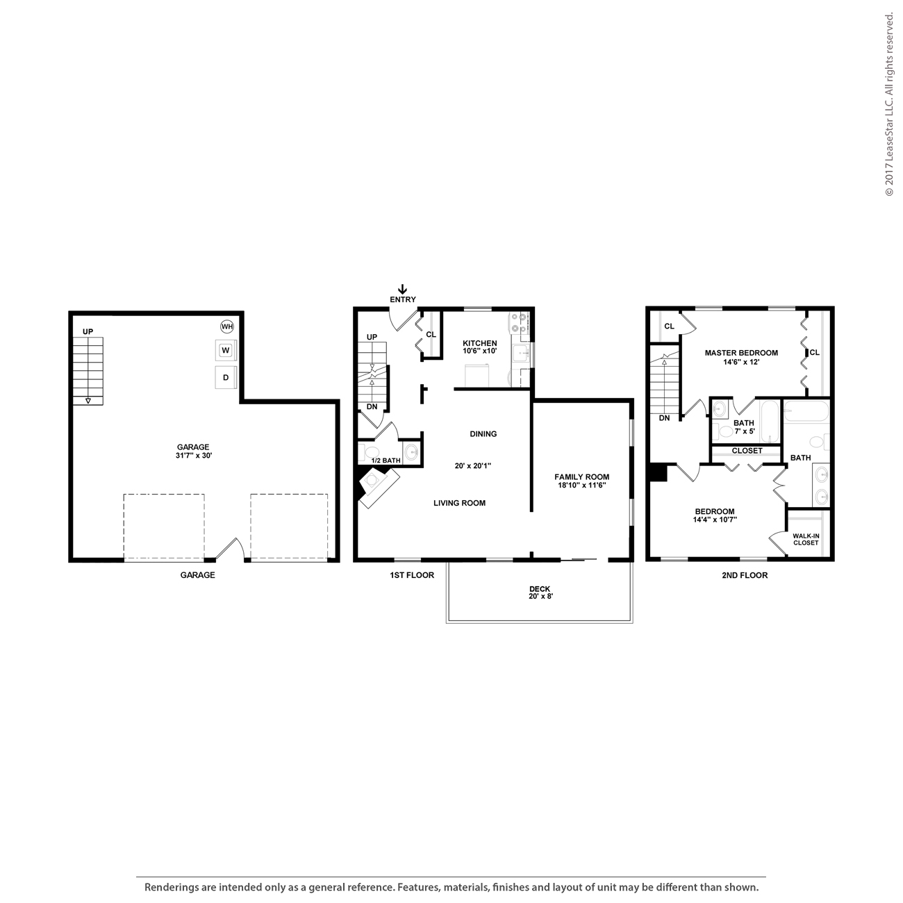 A floor plan of a two-story house with a garage and a master bedroom suite.
